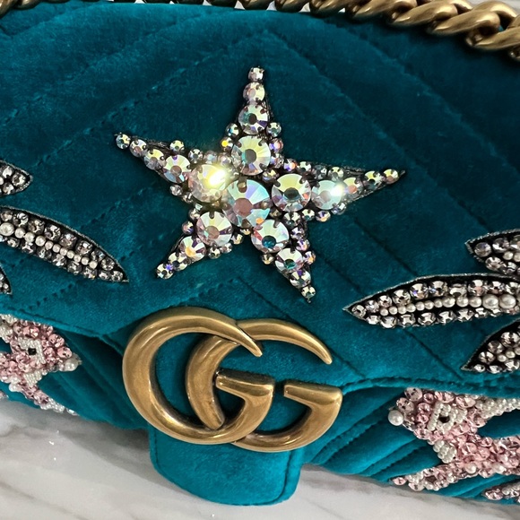 Gucci Marmont Teal Velvet Embellished Bag deer chain limited edition Reindeer - Picture 8 of 13